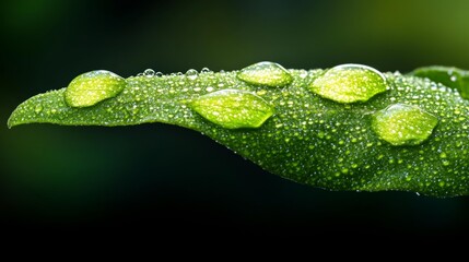 Close-up of a leaf with dew droplets on a dark background. Generative AI