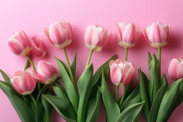 Fototapeta premium photo of pink tulips on a pink background, in a flat lay composition.