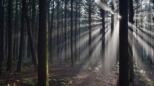 Sunlight filters through tall trees in a serene forest.