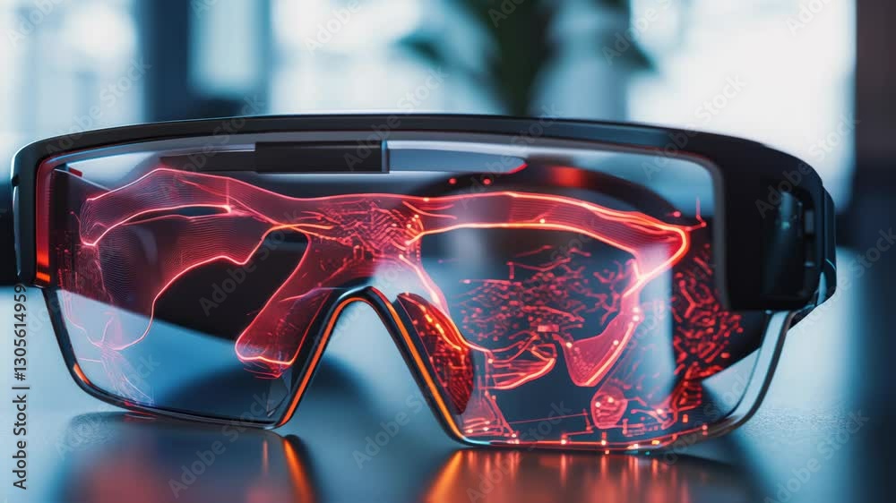 Poster futuristic smart glasses are lying on a reflective surface, showcasing a dynamic augmented reality i
