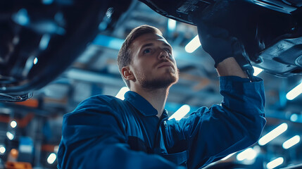 Car mechanic in a blue uniform working under a vehicle in a modern repair garage