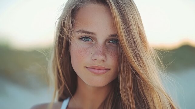 A young girl stands on the beach during sunset, showcasing her long, flowing hair and vibrant blue eyes. She exudes a calm and joyful presence as the sun sets behind her
