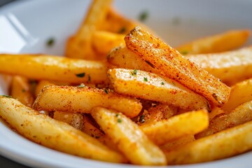 Spicy seasoned fries on a white plate