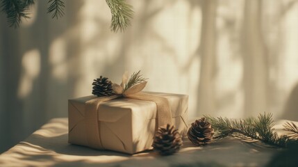 Gift wrapped in brown paper with twine and pine cones on a soft fabric background during a cozy winter afternoon. Generative AI