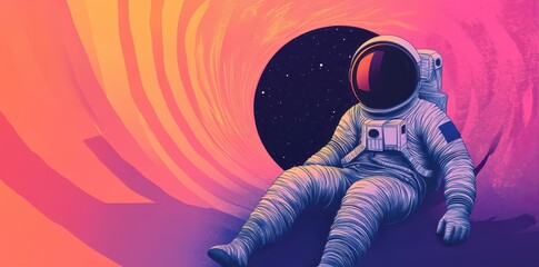 Astronaut relaxes by a black hole in vibrant colors of space