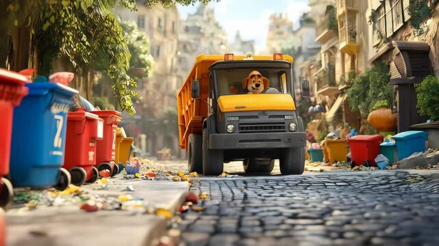 garbage track in the city, cartoon 