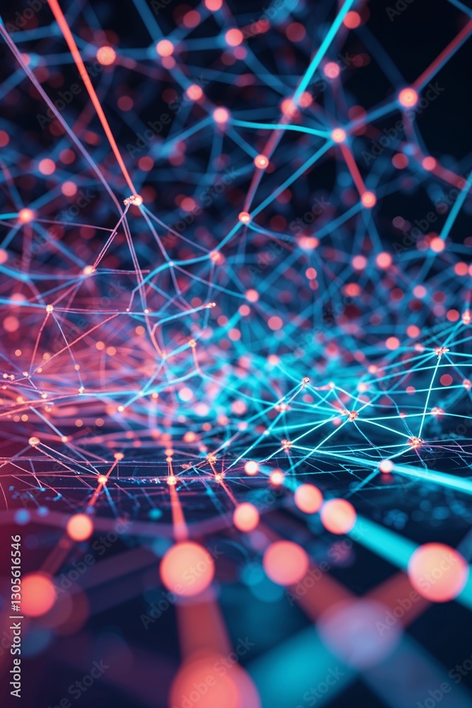 Poster digital network visualization with connected nodes during nighttime
