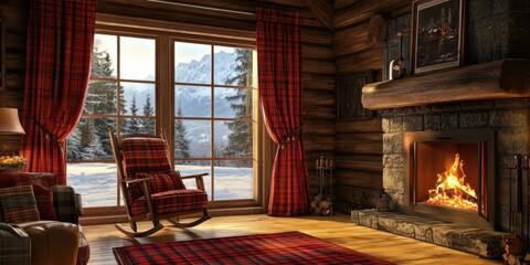 A warm cozy cabin interior showing a fireplace and a snowy landscape