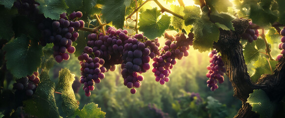 Sunlit bunches of dark purple grapes hanging from a vine, lush green leaves, and a textured vine trunk create a vibrant harvest scene, symbolizing abundance, nature's bounty, and winemaking