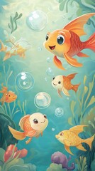 Naklejka premium A group of friendly cartoon fish swimming underwater together