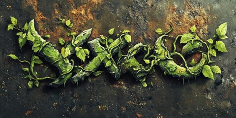 Green letters growing vines and leaves on a rough textured surface