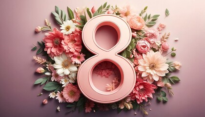 A number eight made out of flowers on a pink background.
