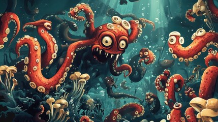 Obraz premium A whimsical underwater scene featuring multiple red octopuses