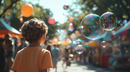 Child enjoys colorful bubbles at a vibrant outdoor fair in the park during a sunny afternoon in summer