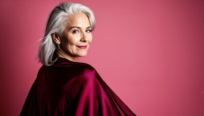 Naklejka premium A woman with gray hair wearing a maroon velvet cape.