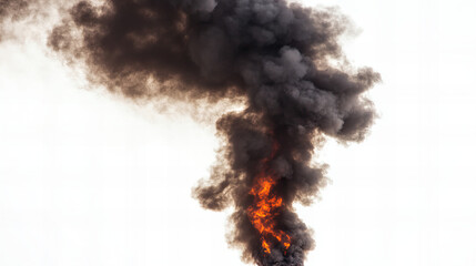 Dense black smoke cloud rising against a white background, ideal for pollution, fire disasters, and atmospheric effects in design