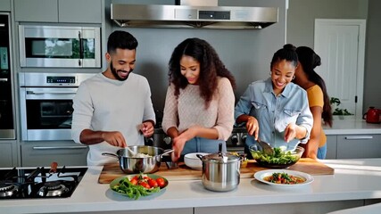 Family cooking together in modern kitchen  sharing fun, laughter, and delicious salads