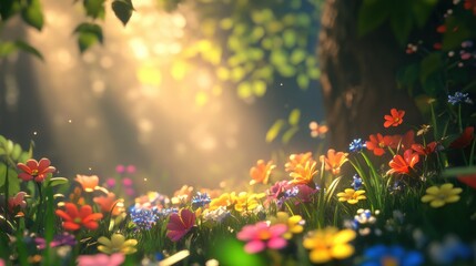 Beautiful colorful wild flowers in deep foggy forest with sun light in Spring.