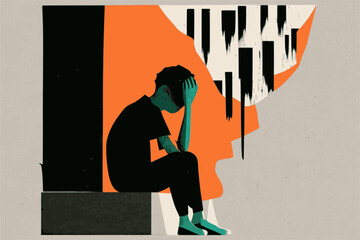 Depressed and feeling alone vector graphic in simple collage colorblock style, anxiety introversion silhouette
