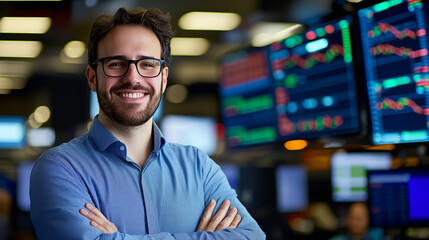 Obraz premium Confident broker in vibrant trading hub celebrating success and teamwork