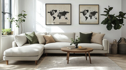 Bright modern living room with neutral decor and natural elements.