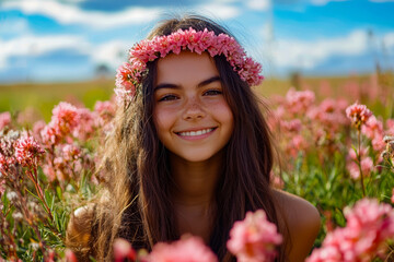 A young girl in a field of pink flowers with a flower crown on her head