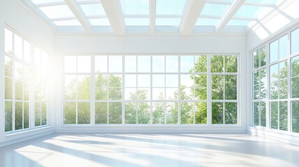 Fototapeta premium Sun-drenched, modern, bright interior with large windows and forest view