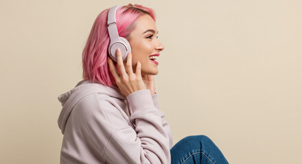 Vista de perto jovem divertida mulher feliz com cabelo tingido de rosa bebê vestindo roupas casuais com capuz ouvir música em fones de ouvido isolados no retrato de estúdio de fundo creme liso.