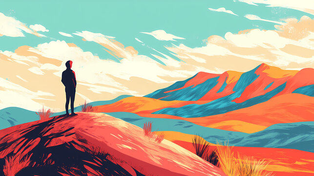 A person standing on a hilltop with a vast, colorful landscape below, symbolizing the limitless possibilities of an abundance mindset. Freedom - Desert. Illustration