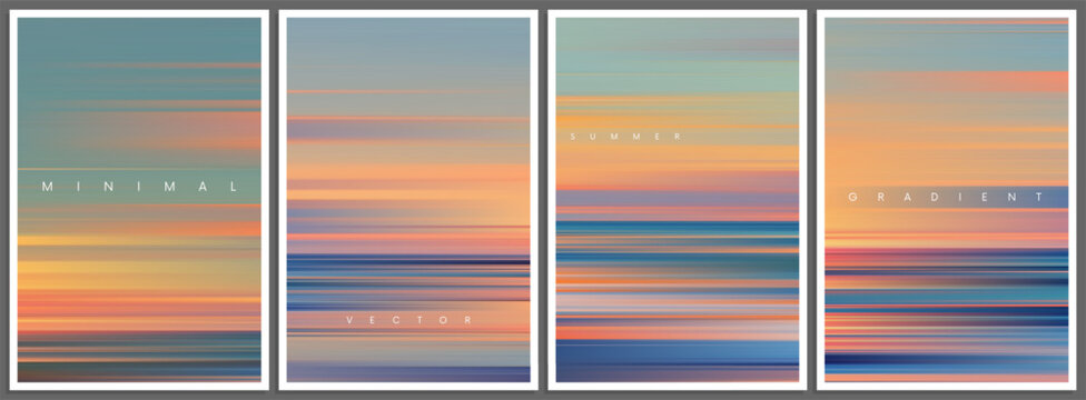 Set of summer themed gradient posters in minimal style. Beautiful ocean beach horizon with sunset in pastel anime colors. Trendy design with ambient soft blurred background for banner, flyer, cover