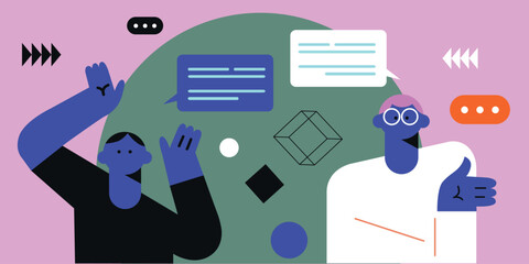 Smartphone with male and female profiles. Friends chatting. New generation. The concept of social networks, virtual relationships. Friends chatting and texting. Vector illustration.	
