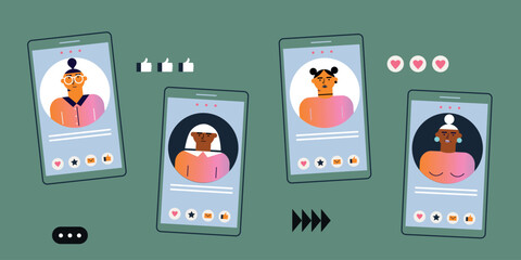 Smartphone with male and female profiles. Friends chatting. New generation. The concept of social networks, virtual relationships. Friends chatting and texting. Vector illustration.	
