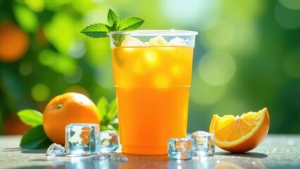 Fototapeta premium Refreshing orange juice with ice and mint in a clear cup, alongside fresh oranges, on a sunny background. Concept of: Summer refreshment. 