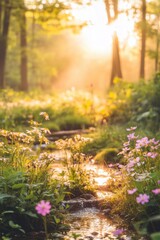 Beautiful colorful wild flowers in deep foggy forest with sun light in Spring.