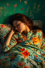 Fototapeta premium A woman laying in bed with her eyes closed and her head resting on a pillow