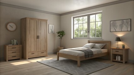Fototapeta premium Minimalist bedroom with wooden furniture