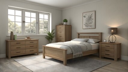 Minimalist bedroom with wooden furniture