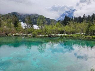 Emerald green water mirroring snow-dusted mountain peaks and overcast sky in zelenci nature reserve, pristine wetland ecosystem nestled near kranjska gora, slovenia