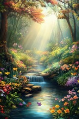 Beautiful colorful wild flowers in deep foggy forest with sun light in Spring.