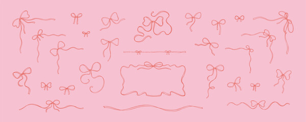 Set of whimsical bowknots, rectangle wavy ribbon frame, filigree tape victorian borders, flourish bow corners. Girly coquette design style. Italian and French restaurant menu decoration. Wedding decor