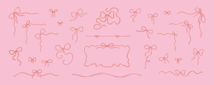 Set of whimsical bowknots, rectangle wavy ribbon frame, filigree tape victorian borders, flourish bow corners. Girly coquette design style. Italian and French restaurant menu decoration. Wedding decor