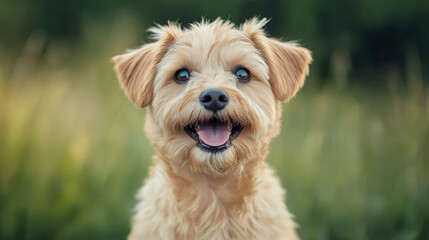 A joyful small dog with a fluffy coat sitting outdoors in a sunlit field, smiling at the camera.