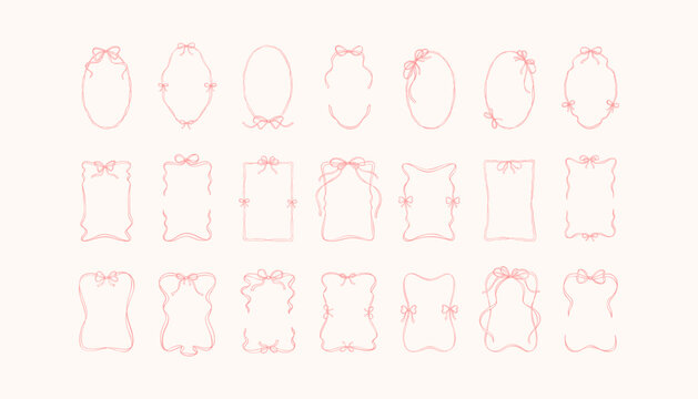Bow ribbon border set. Hand drawn vertical oval and rectangle cute vintage coquettish frames. Line art doodle vector illustration. Wedding invite, valentine card, Christmas  celebration elements