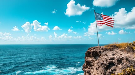 American flag flying over ocean cliff, bright natural light, cool blue sea and sky, and majestic peaceful vibe, side angle shot.