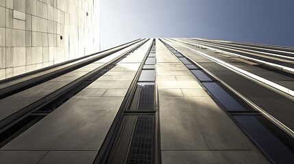 American flag hanging vertically on side of skyscraper, bright natural light, neutral gray and vibrant flag tones, and urban patriotic atmosphere, wide-angle shot.