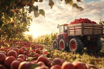 Red tractor transporting freshly harvested, ripe red apples through an orchard during a stunning autumn sunset, highlighting the rich abundance of the harvest season