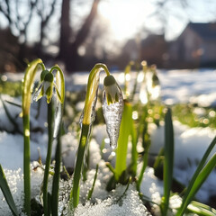 Obraz premium snowdrops under snow in ice. First day of spring, spring