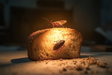 Cockroach inside slice of bread illuminated from the inside and moth standing on top, creating a dramatic and unsettling scene about food contamination and pest control
