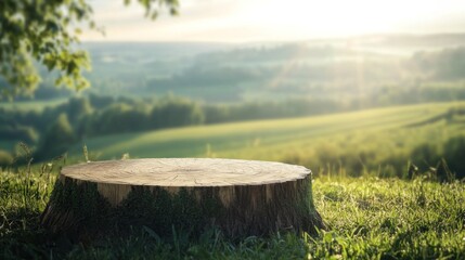 Rustic stump atop hill, sunrise view