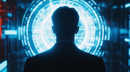 A man is standing in front of a large screen with a blue circle in the center